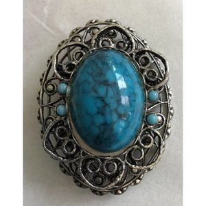 Faux Turquoise Cabochon, Seed Pearl, and Curlicue Filigree Silver Tone Metal Ova